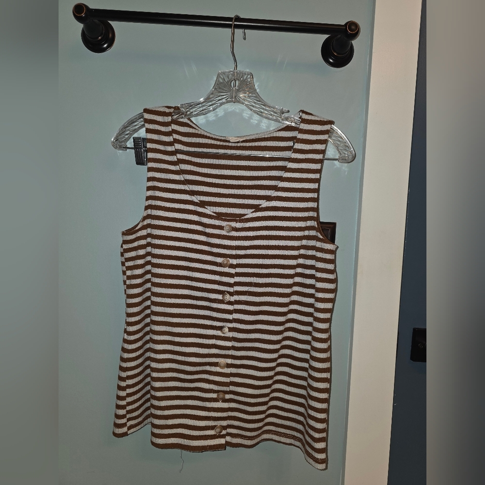 Hem & Thread Brown and White Striped Button-Front Tank Top